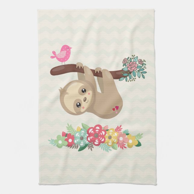 Cute Brown Sloth Hanging Upside down Kitchen Towel (Vertical)