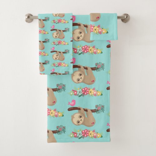 Cute Brown Sloth Hanging Upside down Pattern Bath Towel Set