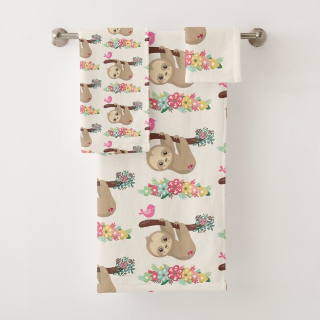 Cute Brown Sloth Hanging Upside down Pattern Bath Towel Set (Insitu)