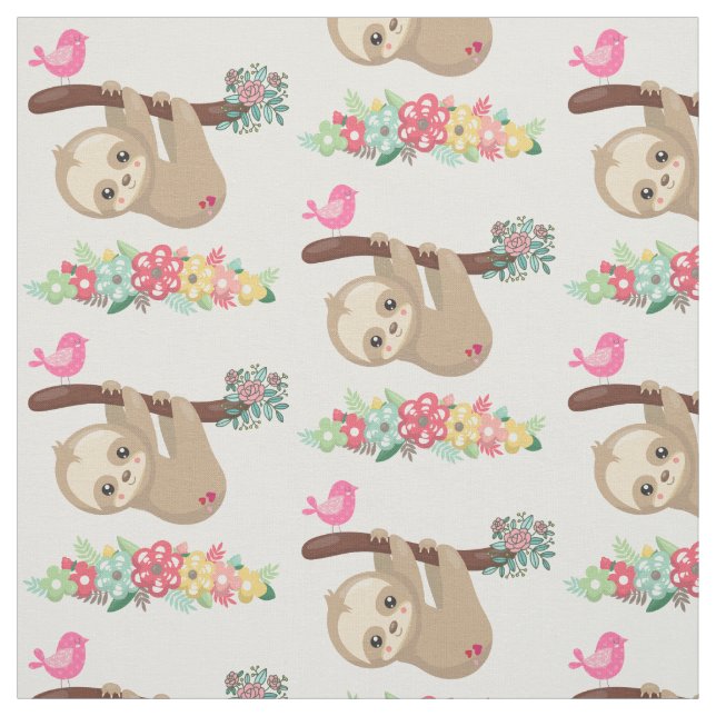 Cute Brown Sloth Hanging Upside down Pattern Fabric