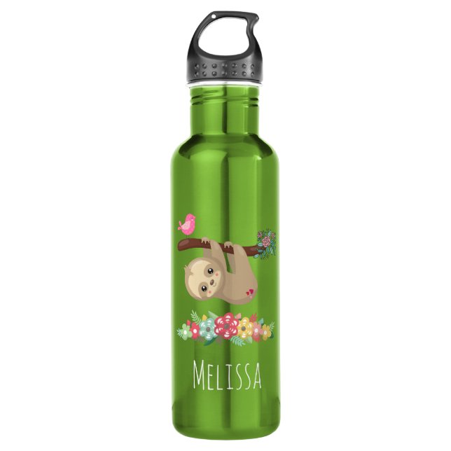 Cute Brown Sloth Hanging Upside down Stainless Steel Water Bottle (Front)