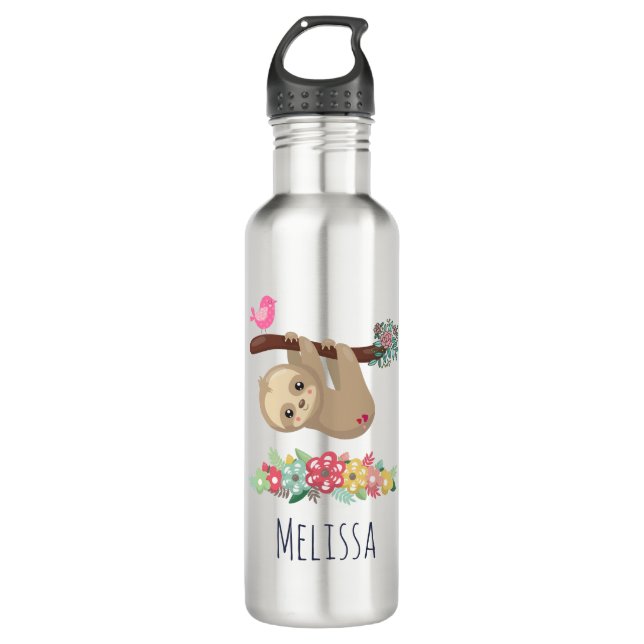 Cute Brown Sloth Hanging Upside down Stainless Steel Water Bottle (Front)