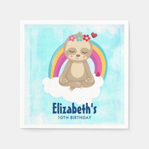 Cute Brown Sloth Meditating on a Cloud Birthday Napkins