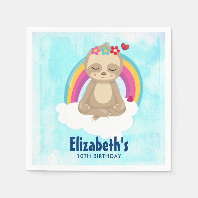 Cute Brown Sloth Meditating on a Cloud Birthday Napkins (Front)
