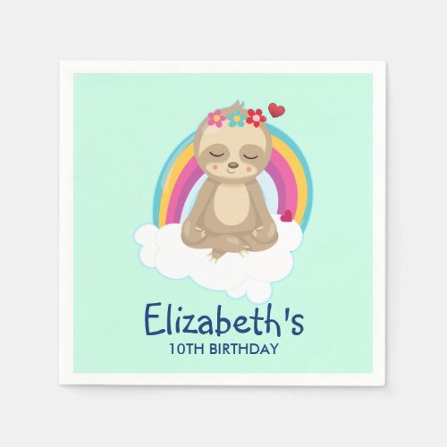 Cute Brown Sloth Meditating on a Cloud Birthday Napkins