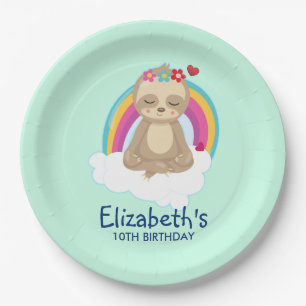 Cute Brown Sloth, Meditating on a Cloud Birthday Paper Plates