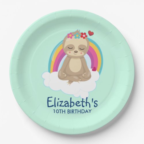 Cute Brown Sloth Meditating on a Cloud Birthday Paper Plates