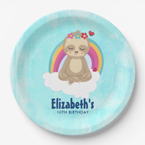 Cute Brown Sloth Meditating on a Cloud Birthday Paper Plates