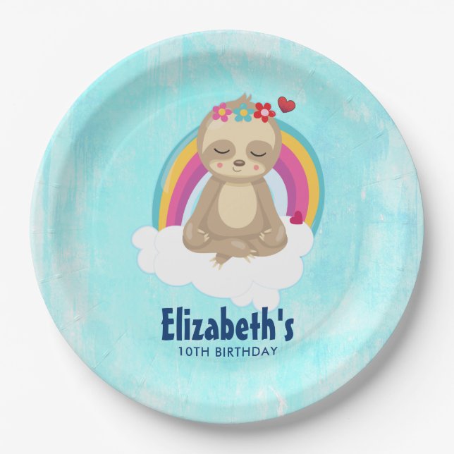 Cute Brown Sloth, Meditating on a Cloud Birthday Paper Plates (Front)