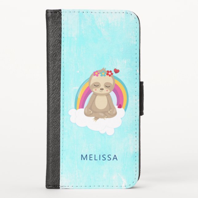 Cute Brown Sloth, Meditating on a Cloud iPhone Wallet Case (Front)