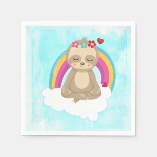 Cute Brown Sloth Meditating on a Cloud Napkins
