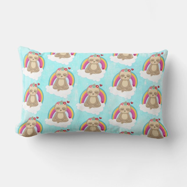 Cute Brown Sloth, Meditating on a Cloud Pattern Lumbar Pillow (Front)