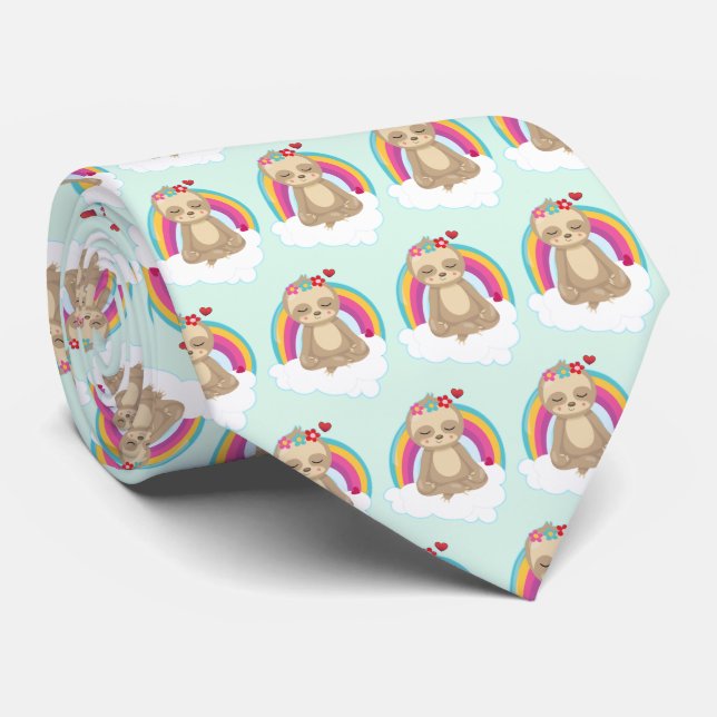 Cute Brown Sloth, Meditating on a Cloud Pattern Neck Tie (Rolled)