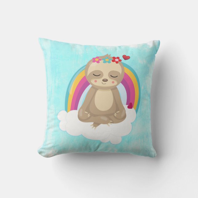 Cute Brown Sloth, Meditating on a Cloud Throw Pillow (Front)