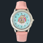 Cute Brown Sloth, Meditating on a Cloud Watch<br><div class="desc">A cute cartoon illustration of a meditating sloth. Wearing a crown of wildflowers on her head, floating peacefully on a white cloud with a colorful rainbow behind. A couple of hearts nearby. Peaceful and happy. A light blue grunge style background image. An art deco clock face image layered over top....</div>