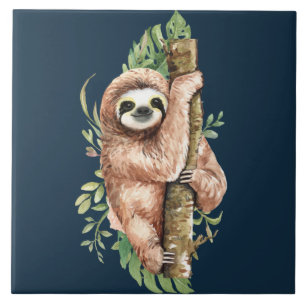 Cute brown Sloth & Tropical Leaves Watercolor Ceramic Tile