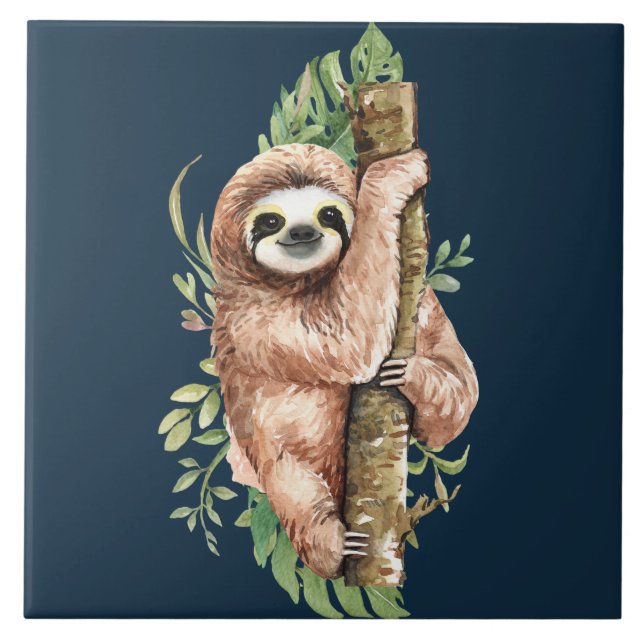Cute brown Sloth & Tropical Leaves Watercolor Ceramic Tile (Front)