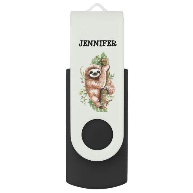 Cute brown Sloth & Tropical Leaves Watercolor Flash Drive (Front Vertical)