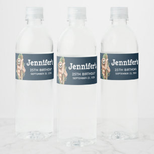Cute brown Sloth & Tropical Leaves Watercolor Water Bottle Label