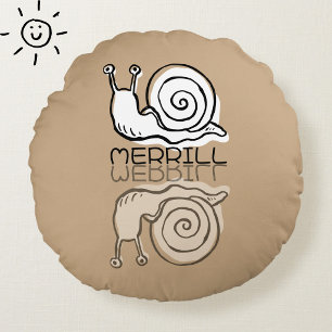 Cute Brown Snail Reflection Doodle Custom Name  Round Pillow
