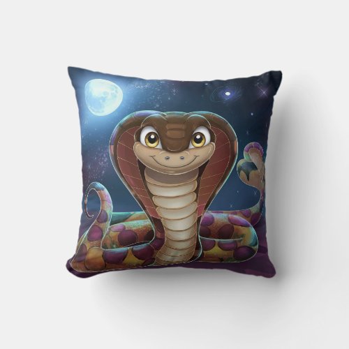 Cute Brown Snake under Full Moon Light Throw Pillow