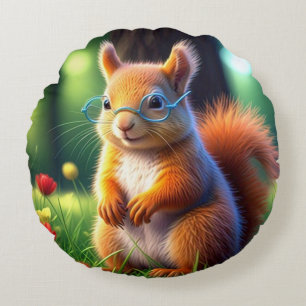 Cute Brown Squirrel Sitting On Green Grass-47567 Round Pillow