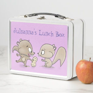 Cute brown squirrels sharing a peanut cartoon metal lunch box