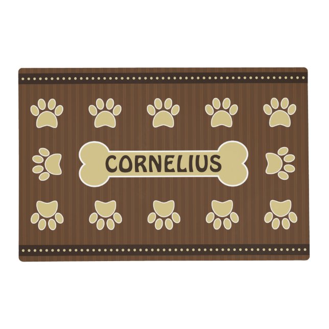 Cute Brown Stripes Bone and Dog Paws Double Sided Placemat (Front)