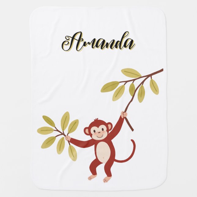 Cute Brown Swinging Monkey Name Baby Blanket (Front)