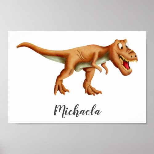 Cute Brown T_Rex Dinosaur with Roar Kids Room  Poster