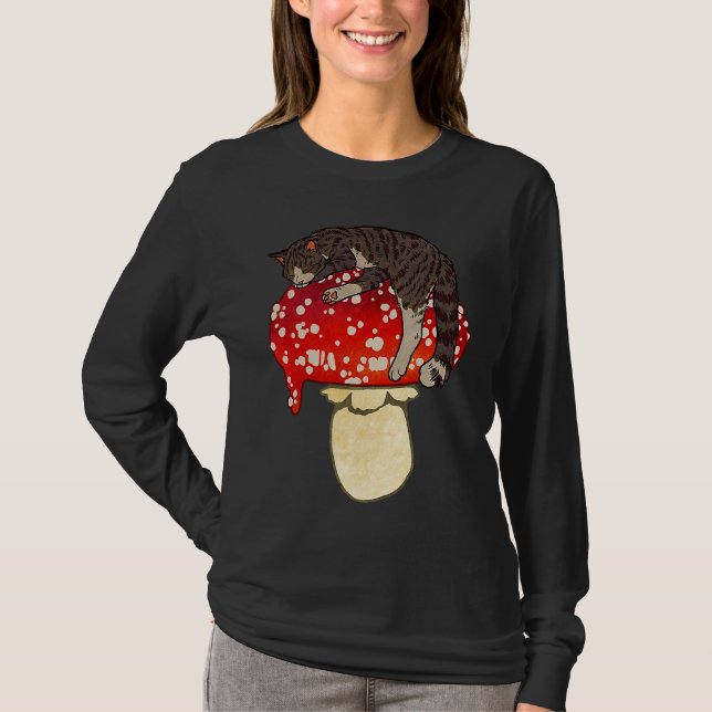 Cute Brown Tabby Cat Sleeping on Red Spotted Mushr T-Shirt (Front)