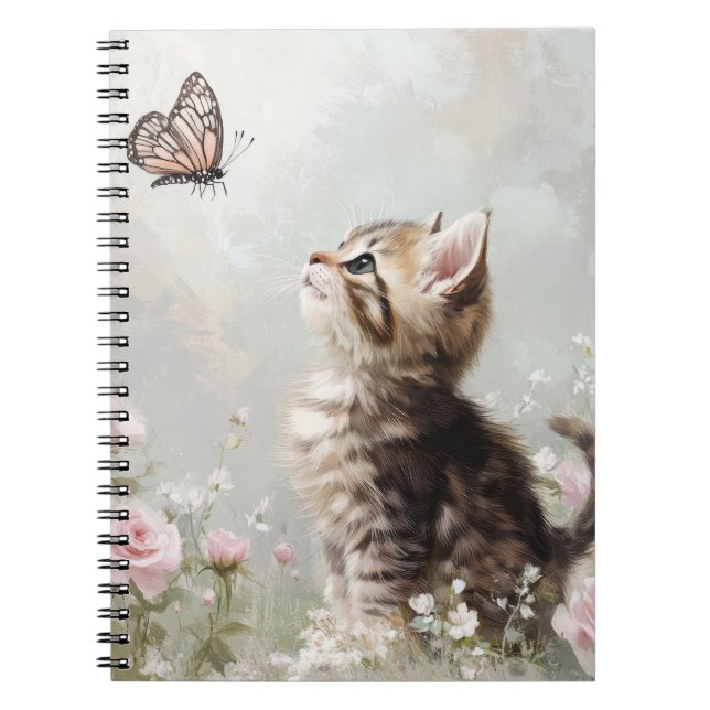 CUTE BROWN TABBY KITTEN WITH BUTTERFLIES NOTEBOOK (Front)