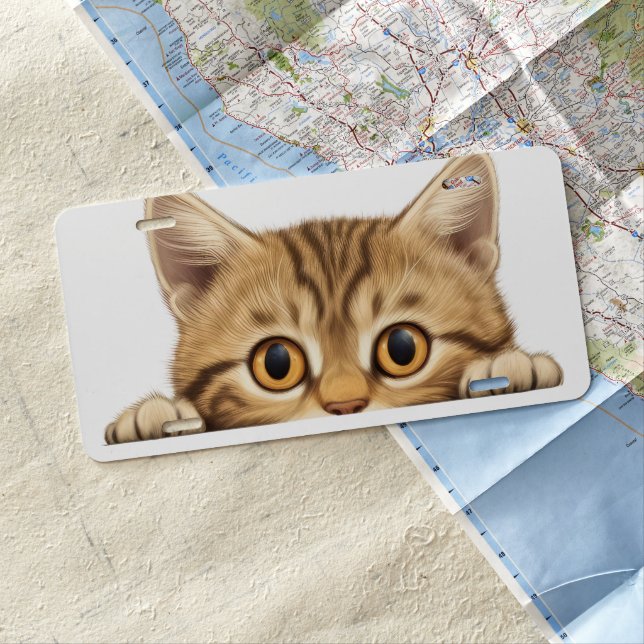 CUTE BROWN TABBY PEEKING CAT LICENSE PLATE (In Situ)
