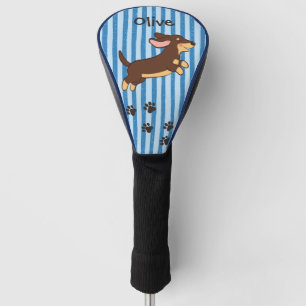 Cute Brown & Tan Dachshund Dog Blue Stripes Golf Head Cover