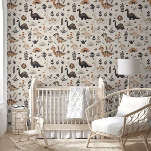 Cute Brown Tan Dinosaur Pattern Baby Nursery Wallpaper