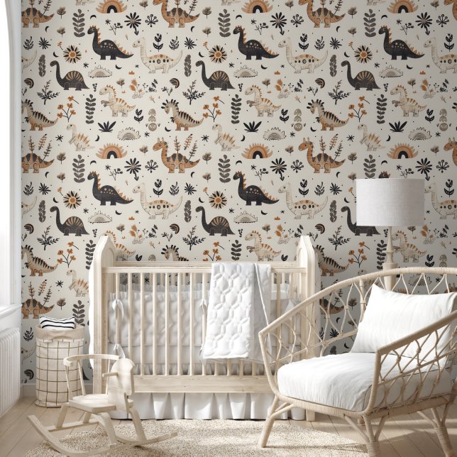 Cute Brown Tan Dinosaur Pattern Baby Nursery Wallpaper (Kids)