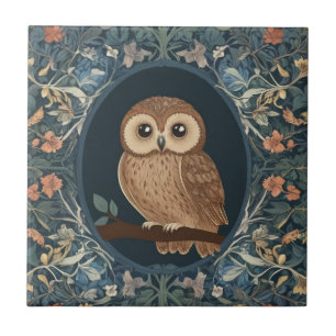 Cute Brown Tawny Owl Navy Dark Blue Floral Flowers Ceramic Tile