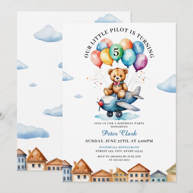 Cute Brown Teddy Bear Airplane 5th Birthday Invitation (Front/Back)
