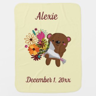 Cute Brown Teddy Bear and Bouquet of Flowers Baby Blanket