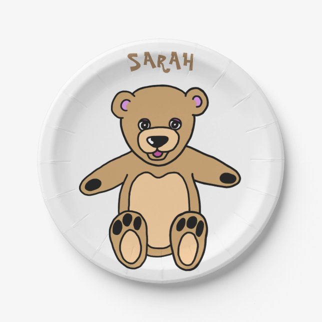 Cute Brown Teddy Bear Birthday Name Paper Plates (Front)