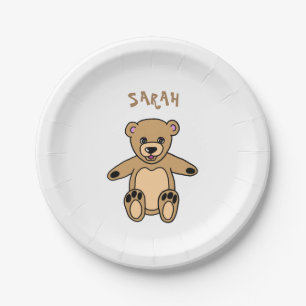 Cute Brown Teddy Bear Birthday Name Paper Plates