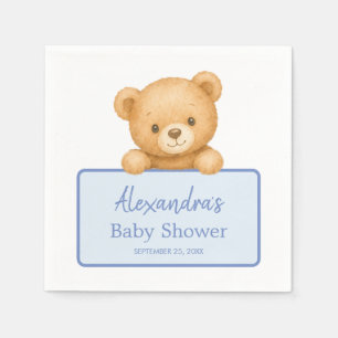 Cute Brown Teddy Bear Blue Baby Boy Shower Napkins