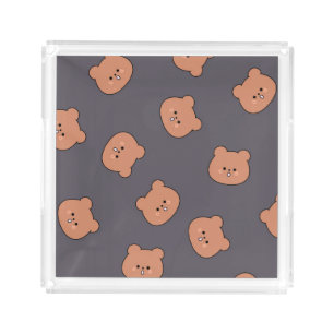 Cute Brown Teddy Bear Face Pattern Dark Blue Acrylic Tray