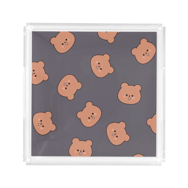 Cute Brown Teddy Bear Face Pattern Dark Blue Acrylic Tray (Front)