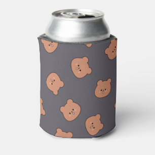 Cute Brown Teddy Bear Face Pattern Dark Blue Can Cooler