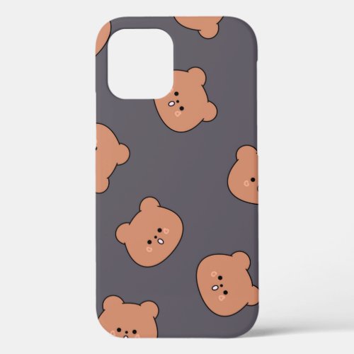 Cute Brown Teddy Bear Face Pattern Dark Blue iPhone 12 Case