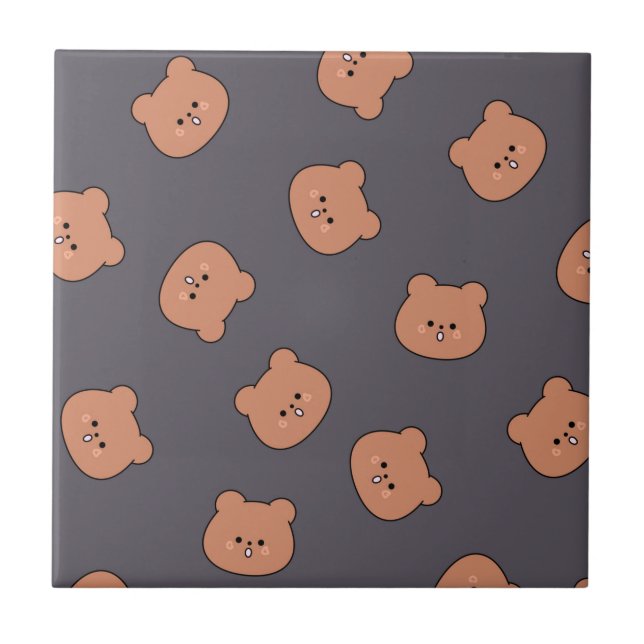 Cute Brown Teddy Bear Face Pattern Dark Blue Ceramic Tile (Front)