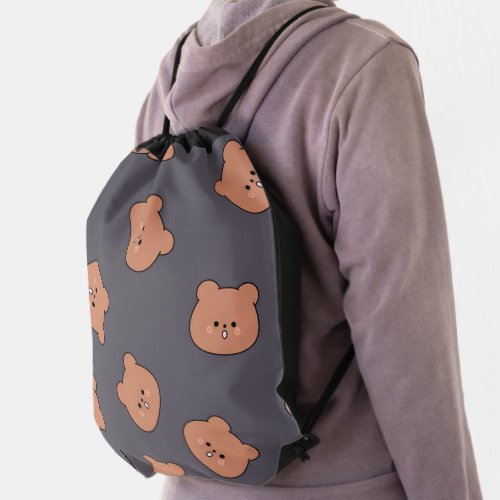 Cute Brown Teddy Bear Face Pattern Dark Blue Drawstring Bag