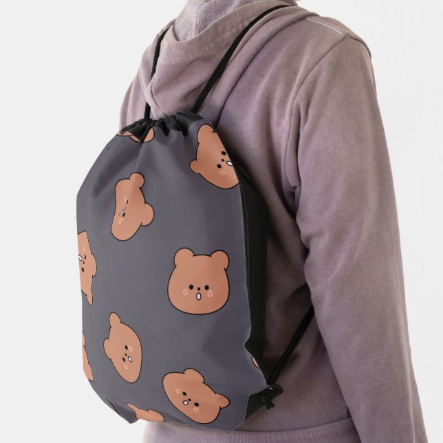 Cute Brown Teddy Bear Face Pattern Dark Blue Drawstring Bag (Insitu)