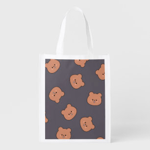 Cute Brown Teddy Bear Face Pattern Dark Blue Grocery Bag